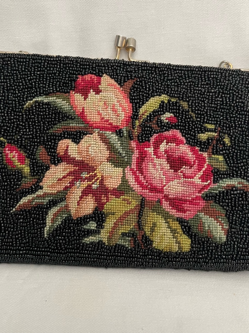 Beaded Floral Evening Clutch - Black with Pink Rose Embroidery